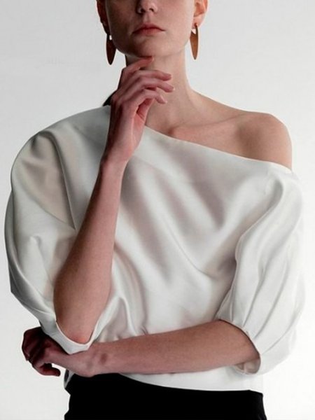 

Daily Plain Loose Urban Cold Shoulder Shirt, White, Blouses and Shirts