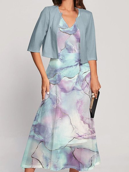 

V Neck Elegant Two-Piece Set, Blue, Dresses