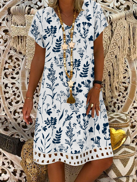 Floral V Neck Linen Style Loose Dress, Blue, Midi Dresses