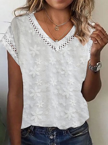 

Plain Casual Embroidery V Neck Shirt, White, Tees & T-shirts