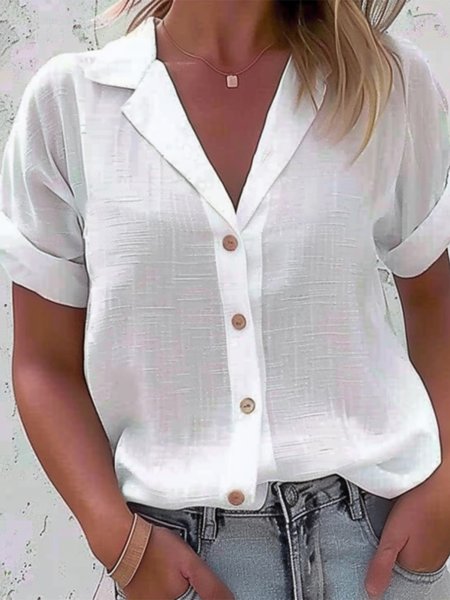 

Lapel Collar Casual Cotton Buttoned Blouse, White, Shirts & Blouses