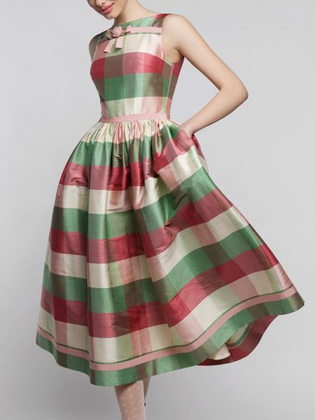 

Crew Neck Plaid Urban Regular Fit Dress, Green, Midi Dresses