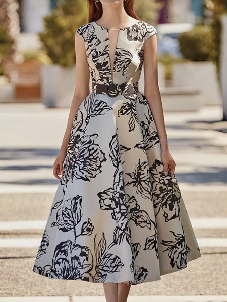 

Floral Crew Neck Urban Regular Fit Dress, Off white, Midi Dresses