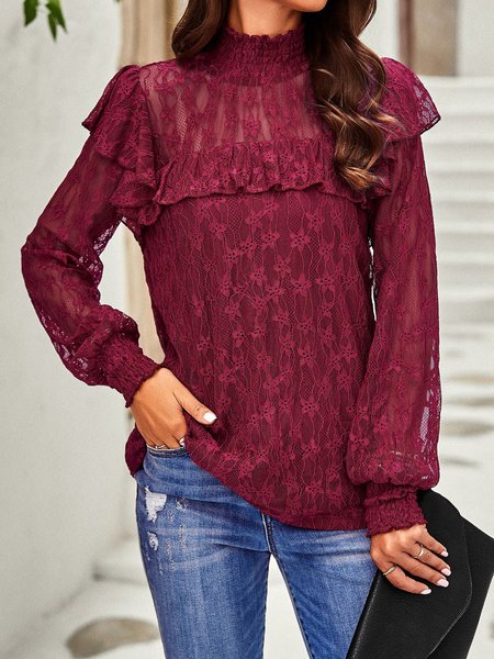 

Stand Collar Long Sleeve Plain Lace Regular Loose Shirt For Women, Wine red, Blouses