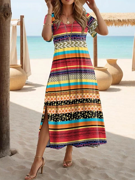 

Vacation Gradient Pattern Crew Neck Loose Dress, Multicolor, Dresses