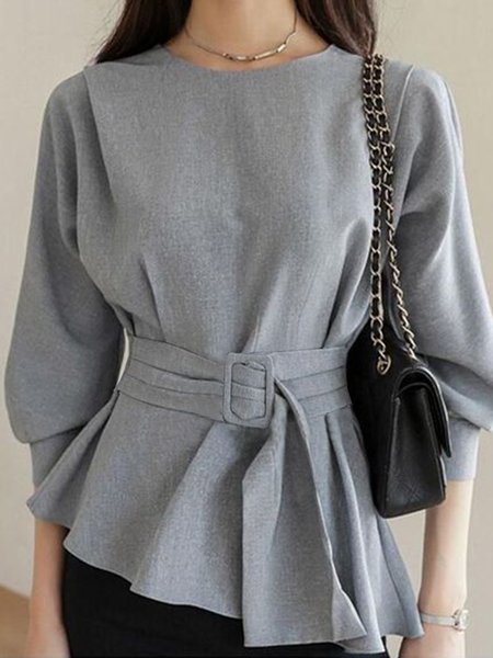 

Daily Plain Urban Sash Crew Neck Shirt, Gray, Blouses and Shirts