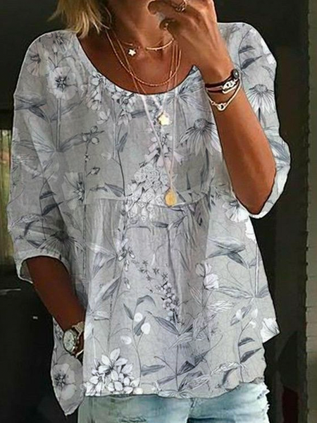 

Casual Loose Floral Crew Neck Linen Style Shirt, Gray, Blouses & Shirts