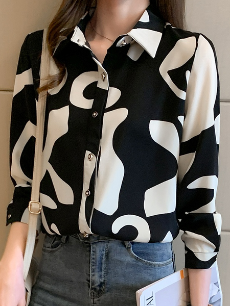 

Loose Casual Geometric Shirt Collar Blouse, Black, Shirts & Blouses