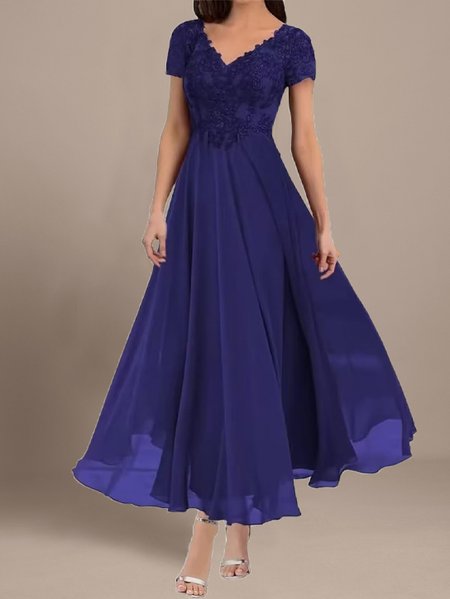 

V Neck Elegant Plain Chiffon Dress, Blue, Dresses
