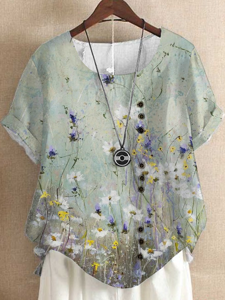 

Crew Neck Casual Loose Floral Linen Style Shirt, Green, Blouses & Shirts