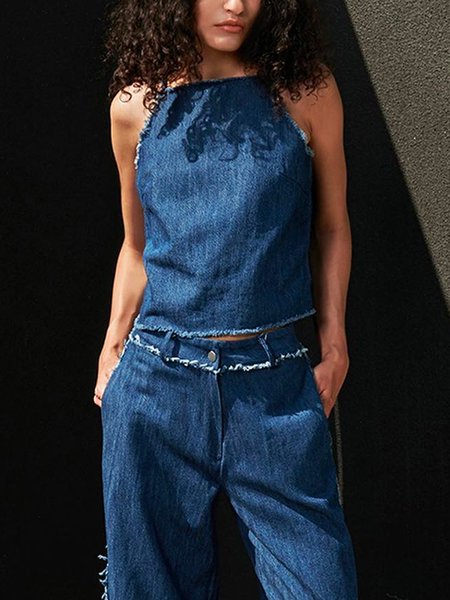 

Regular Fit Halter Urban Denim Top, Denim blue, Linen Tops
