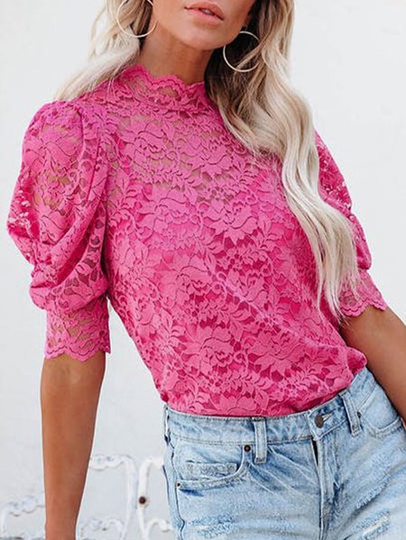 

Stand Collar Short Sleeve Plain Regular Loose Shirt For Women, Pink, Blouses
