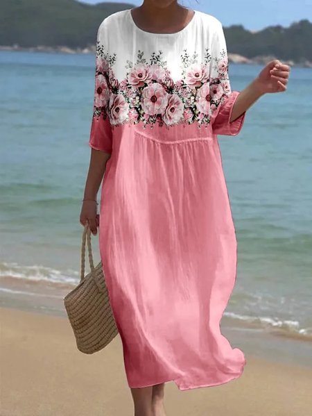 

Loose Crew Neck Vacation Floral Dress, White-pink, Dresses