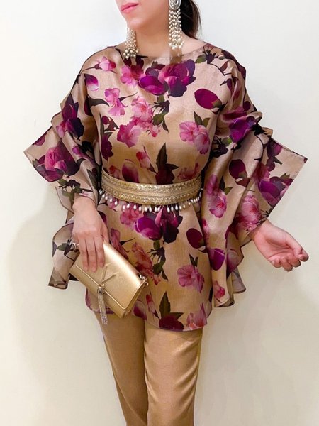 

Crew Neck Urban Regular Fit Floral Shirt With No Belt, As picture, Blouses and Shirts