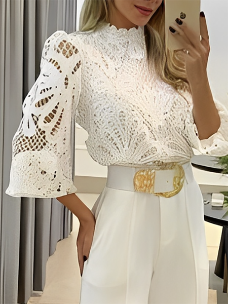 

Lace Half Turtleneck Simple Shirt, White, Shirts & Blouses