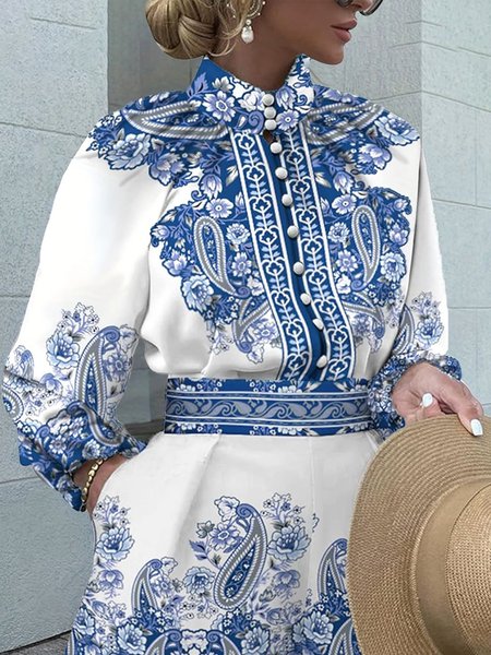 

Regular Fit Vacation Paisley Stand Collar Blouse, Blue, Blouses and Shirts