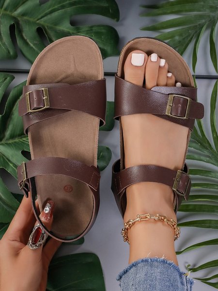 

Casual Plain Slip On Flat Heel Slide Sandals, Deep brown, Shoes