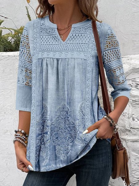 

Women's Three Quarter Sleeve Blouse Spring/Fall Plain V Neck Daily Going Out Casual Top, Blue, Shirts & Blouses