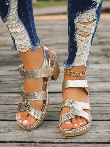 

Casual Plain Slip On Block Heel Slide Sandals, Golden, Shoes
