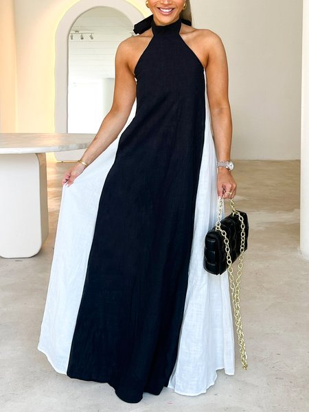 

Loose Vacation Color Block Sleeveless Maxi Dress, Black-white, Maxi Dresses