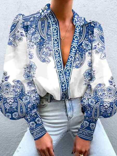 

Plus Size Ethnic Urban Loose Shirt Collar Long Sleeve Blouse, Blue, Plus Tops