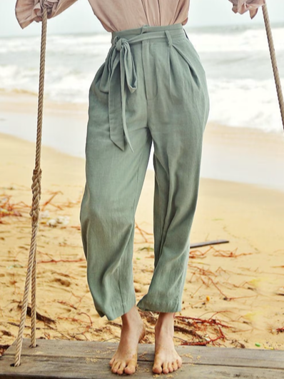 

Loose Cotton Plain Simple Linen Style Pants, Green, Pants
