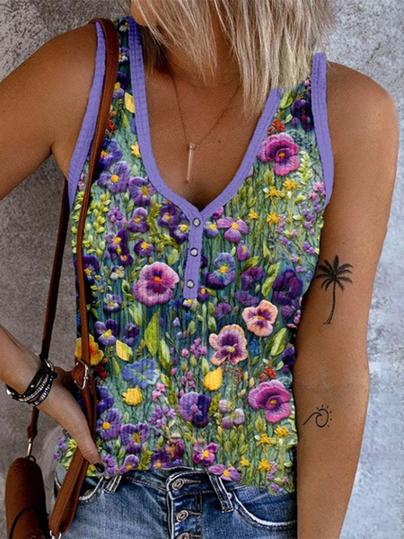 

Women's Sleeveless Tank Top Camisole Summer Floral Buckle V Neck Daily Going Out Casual Top, Purple, Tanks & Camis