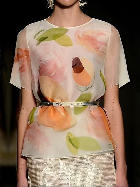 

Urban Floral Crew Neck Short Sleeve Shirt, White, Blouses and Shirts