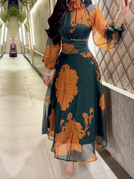 

Plus Size Floral Regular Fit Elegant Lotus Leaf Collar Maxi Dress, As picture, Plus Dresses
