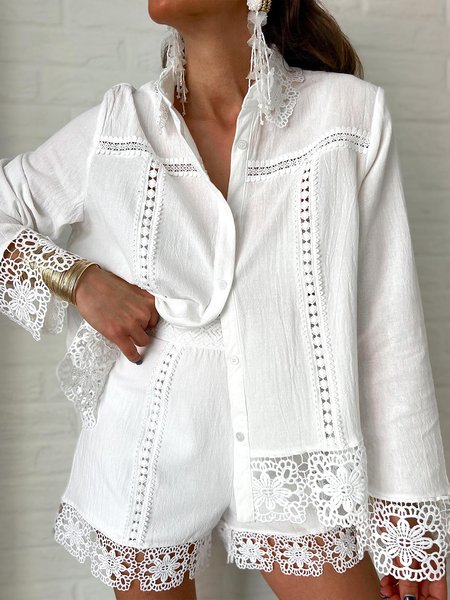 

Lace Edge Shirt Collar Vacation Loose Blouse, White, Blouses and Shirts
