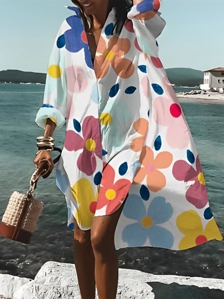 

Casual Daily Floral Loose Shirt Dress, White, Midi Dresses