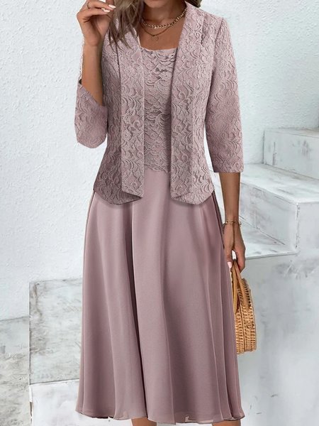 

Women Plain Shawl Collar Three Quarter Sleeve Comfy Casual Lace Coat With Skirt Two-Piece Set, Pink, Sets