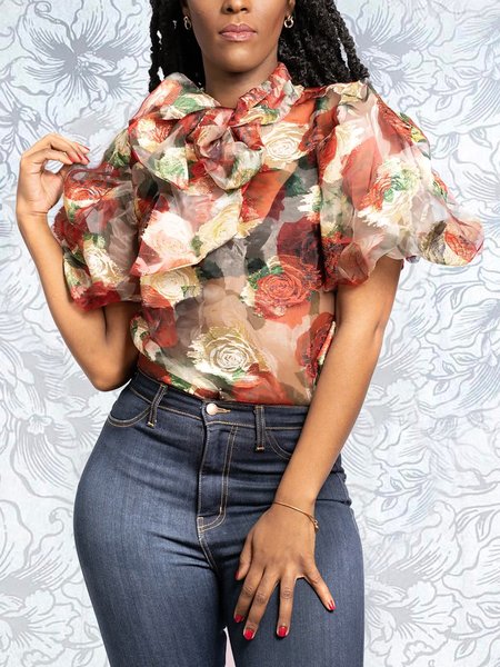 Short Sleeve Regular Fit Elegant Floral Blouse, As picture, Blouses and Shirts
