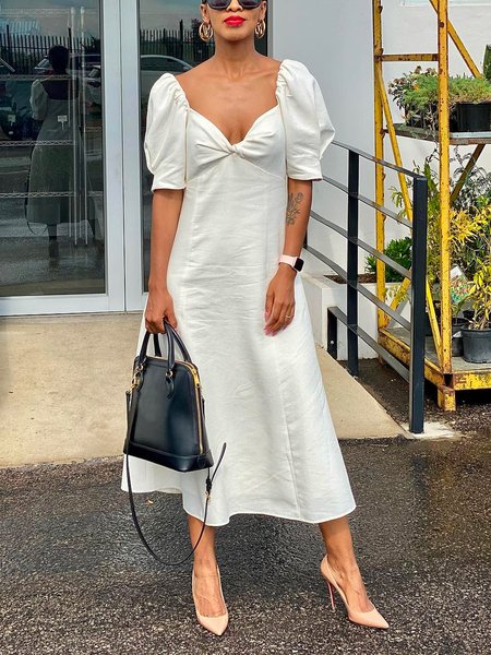 

Vacation Plain Regular Fit Midi Dress, White, Midi Dresses