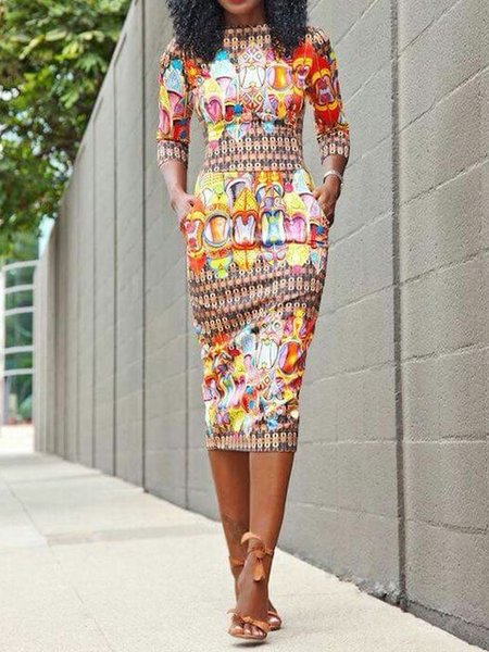 

Urban Crew Neck Abstract Dress, As picture, Midi Dresses