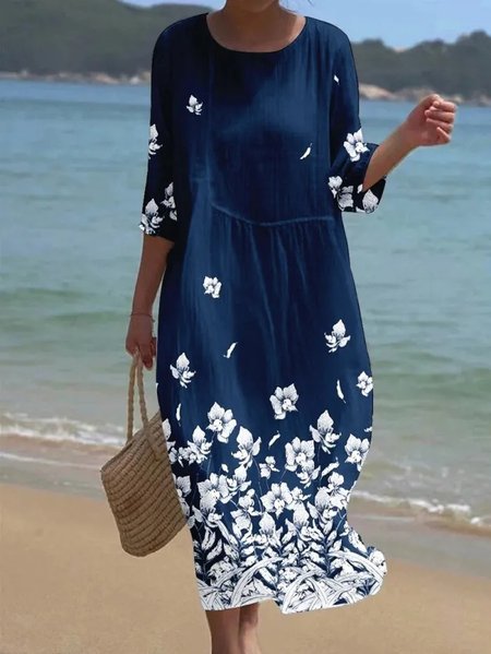 

Loose Vacation Floral Dress, Dark blue, Dresses