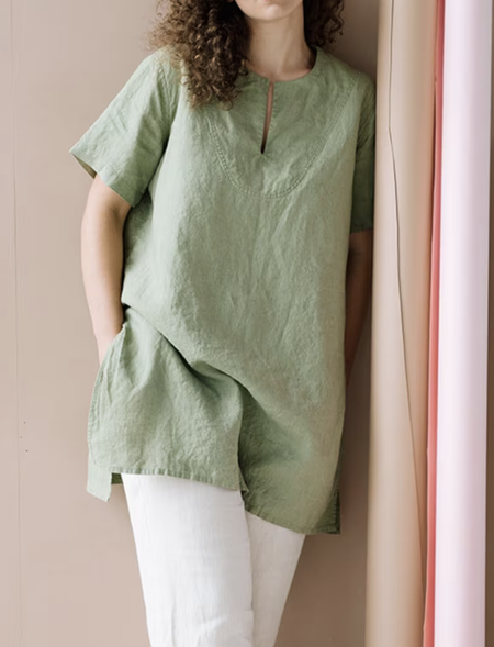 

Cotton Simple Loose Plain Linen Style Shirt, Green, Blouses & Shirts
