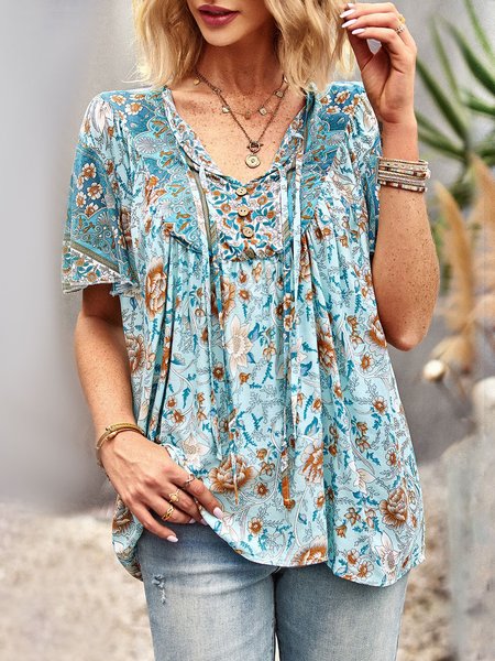 Notched Short Sleeve Ethnic Regular Loose Shirt For Women, Blue, Blouses