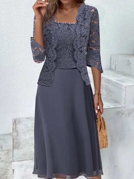 

Women Plain Three Quarter Sleeve Comfy Casual Lace Coat With Skirt Two-Piece Set, Purplish blue, Sets