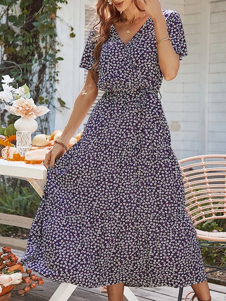 

Women Small Floral V Neck Short Sleeve Comfy Casual Maxi Dress, Navyblue, Floral Dresses
