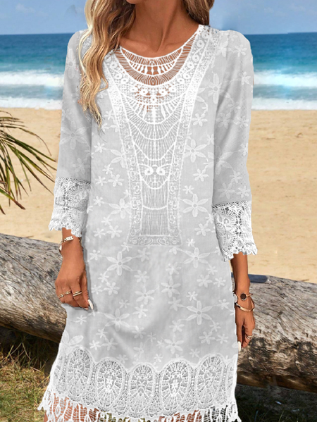 

Women Plain Lace Collar Half Sleeve Comfy Casual Lace Short Dress, White, Short