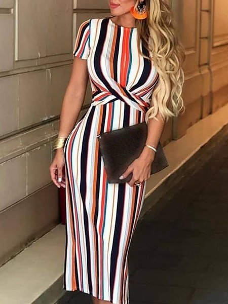 

Regular Fit Casual Striped Dress, As picture, Midi Dresses