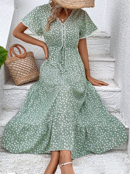 

Women Small Floral V Neck Short Sleeve Comfy Casual Maxi Dress, Green, Floral Dresses