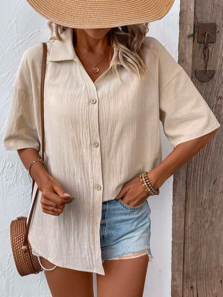 

Loose Plain Simple Shawl Collar Linen Style Blouse, Khaki, Blouses & Shirts