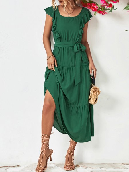 

Women Plain Square Neck Short Sleeve Comfy Casual Midi Dress, Green, Midi