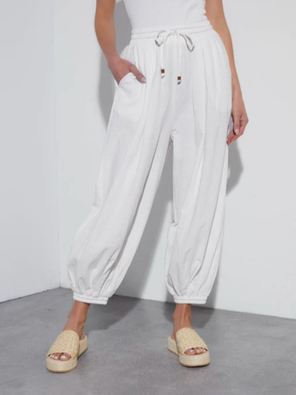 

Loose Plain Cotton Simple Linen Style Pants, White, Pants