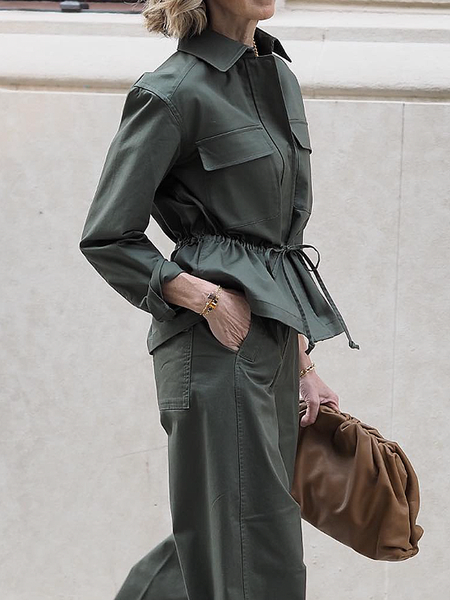 

Urban Loose Shirt Collar Long Sleeve Plain Blouse, Green, Blouses and Shirts