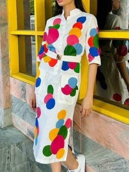 

Shirt Collar Polka Dots Vacation Dress With No Belt, Multicolor, Midi Dresses