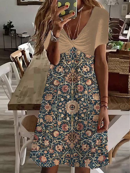 

Women Floral V Neck Short Sleeve Comfy Casual Short Dress, Khaki, Short