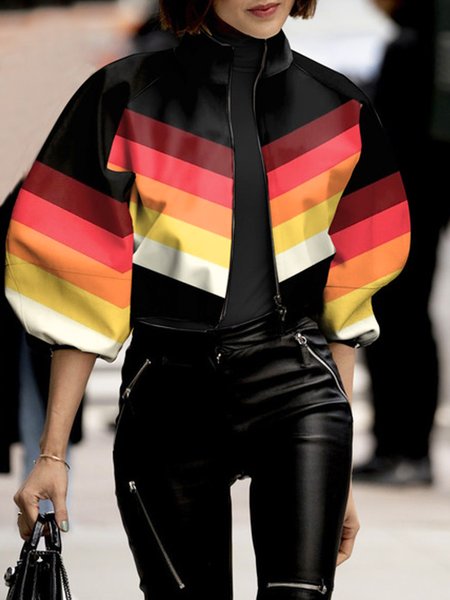 

Loose Zipper Stand Collar Urban Jacket, As picture, Jackets